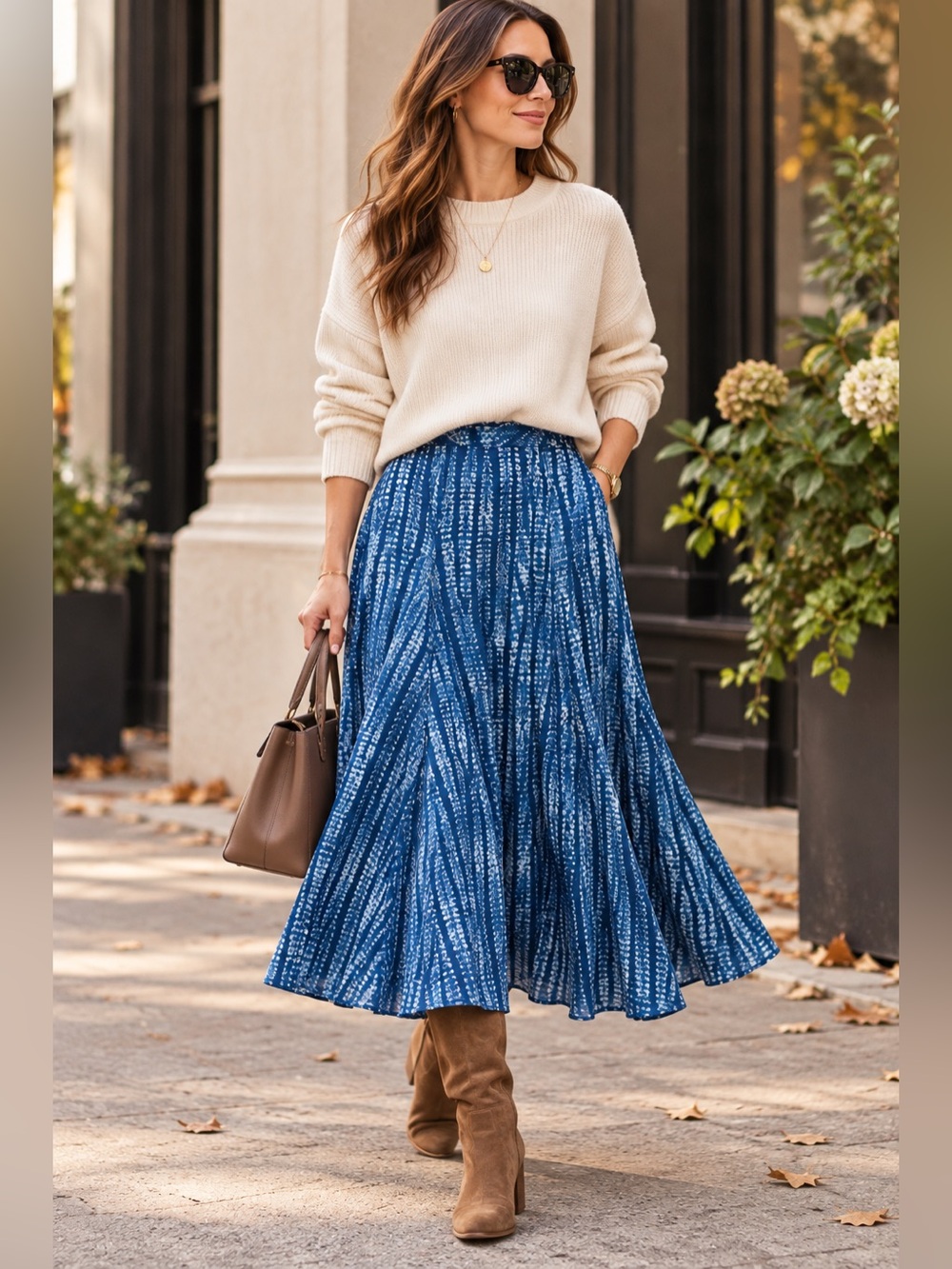 Lauren Ralph Lauren Blue White Cotton Fit & Flare Midi Skirt Size 14